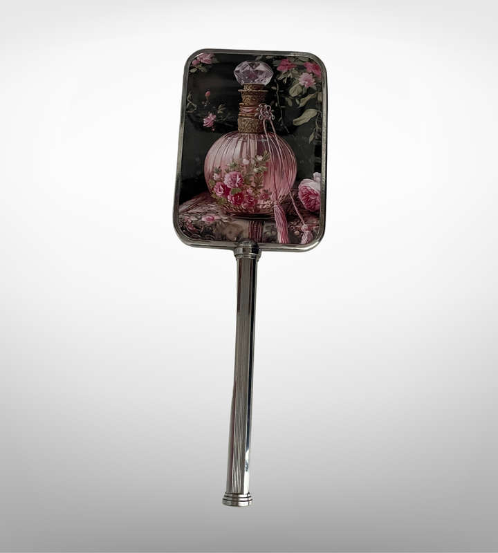 Restored Vintage Vanity Set - Hand Mirror, Brushes & Glass Jar with Black and Pink Coquette Décor