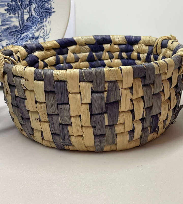Heavy Scandinavian Blue Pottery Bowl & Vintage Handwoven Straw Basket with Ceramic Handles