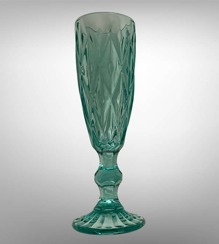Set of 6 Green Champagne Flutes | 300ml Diamond Pattern Pressed Glass | Vintage Style | Used