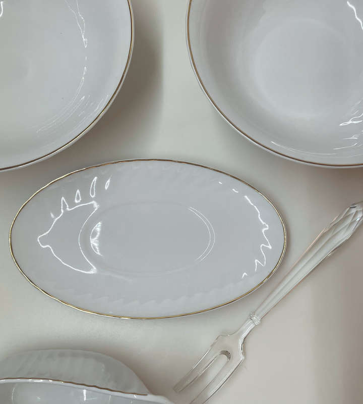 Rare 1960s Italian White & Gold Porcelain Serving Set by Bellini  Set of 5 + Crystal Fork