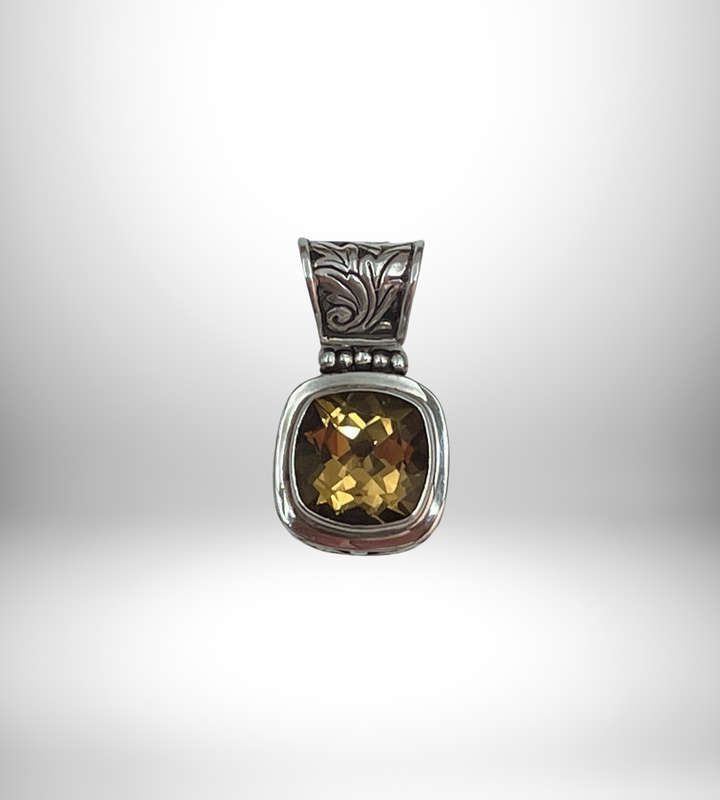 925 Sterling Silver Citrine Pendant - Square Faceted Citrine - Superb Condition