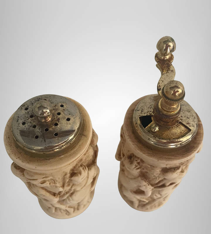 Vintage Italian Resin Salt Shaker & Acciaio Temperato Pepper Mill  Classical Relief Design  Made i