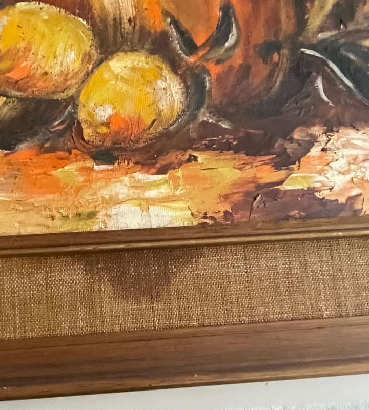 Rustic Farmhouse Oil Painting  Still Life Copper Pot & Lemons  Unattributed  79x64cm