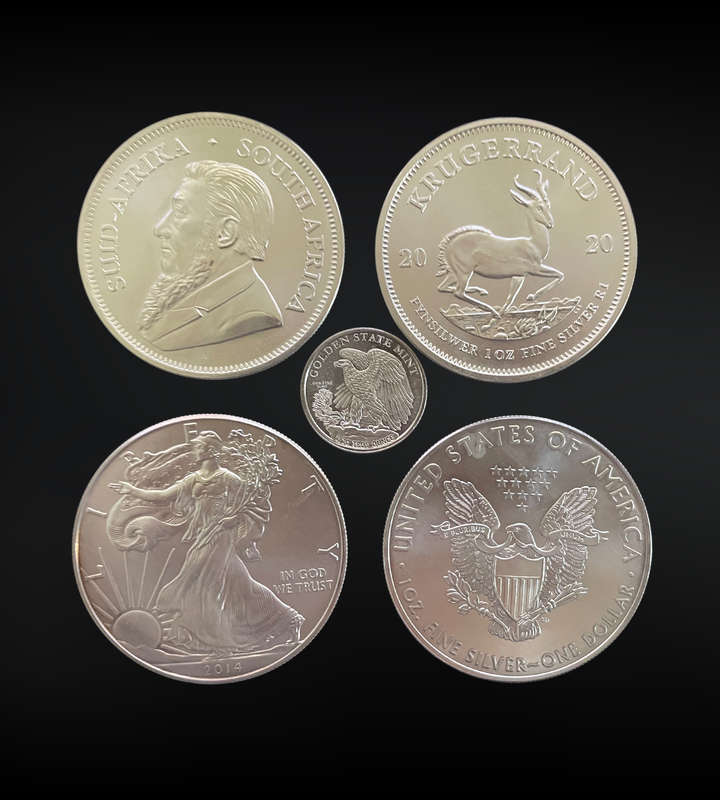 5 Silver Coins Lot - 2x Krugerrand 2021 & 2020 (1 oz), 2x US Liberty (1 oz), 1x Golden State Mint (1
