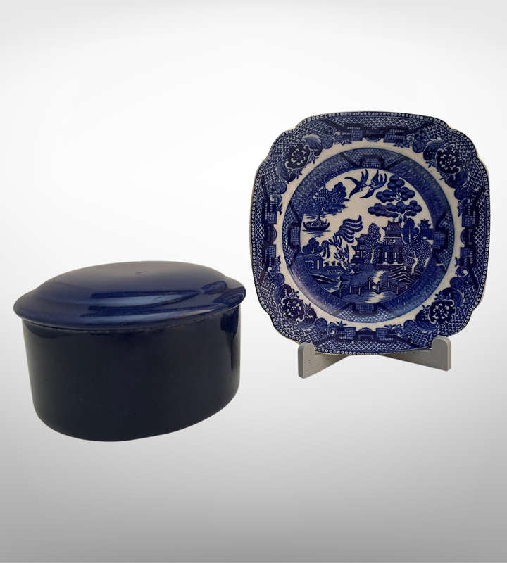 1930s Blue Willow Square Saucer & Blue Ceramic Trinket Dish with Lid - Charming Pair