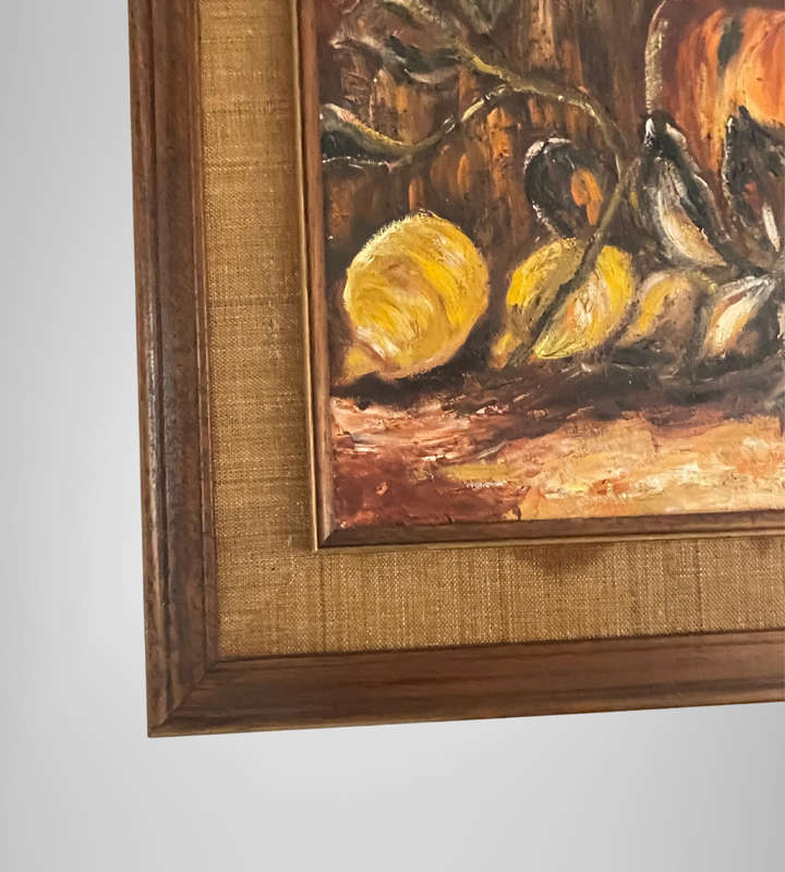 Rustic Farmhouse Oil Painting  Still Life Copper Pot & Lemons  Unattributed  79x64cm