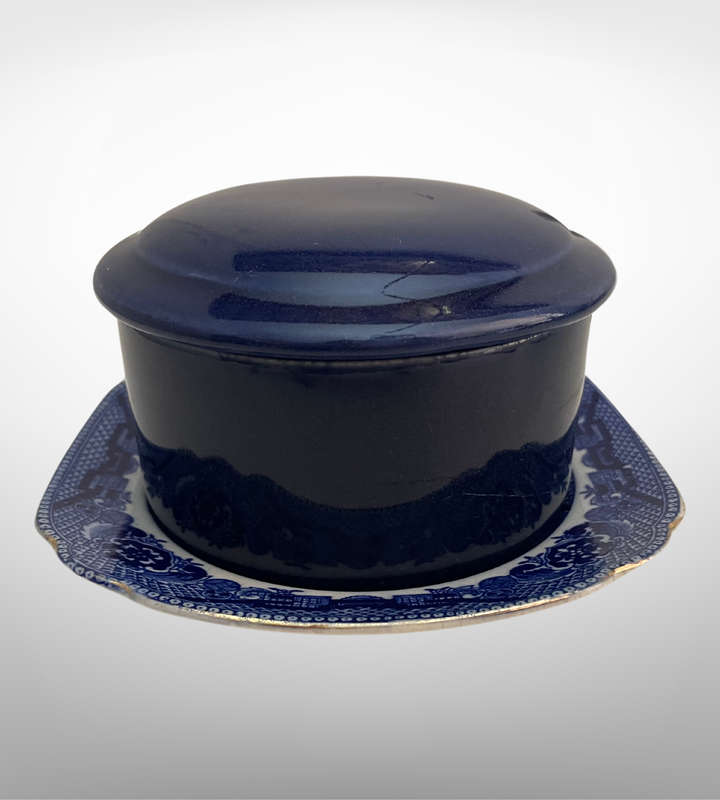 1930s Blue Willow Square Saucer & Blue Ceramic Trinket Dish with Lid - Charming Pair