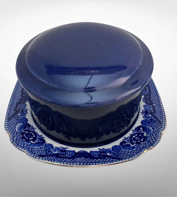 1930s Blue Willow Square Saucer & Blue Ceramic Trinket Dish with Lid - Charming Pair