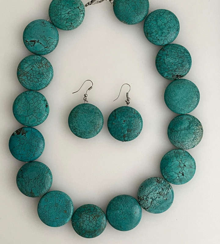 Chunky Turquoise Stone Flat Round Bead Necklace & Post Earrings Set  32mm Stones  Heavy Statement