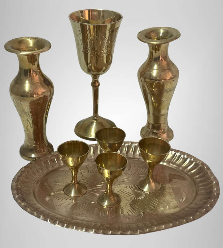 8-Piece Vintage Brass Set  Made in India  Includes Vases, Goblets & Tray  Approx. 12cm Vases