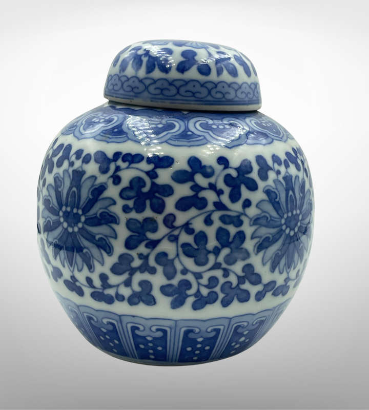 Antique Chinese Blue & White Ginger Jar  Hand-Painted Bao Xiang Hua Lotus Peony Scroll  12cm
