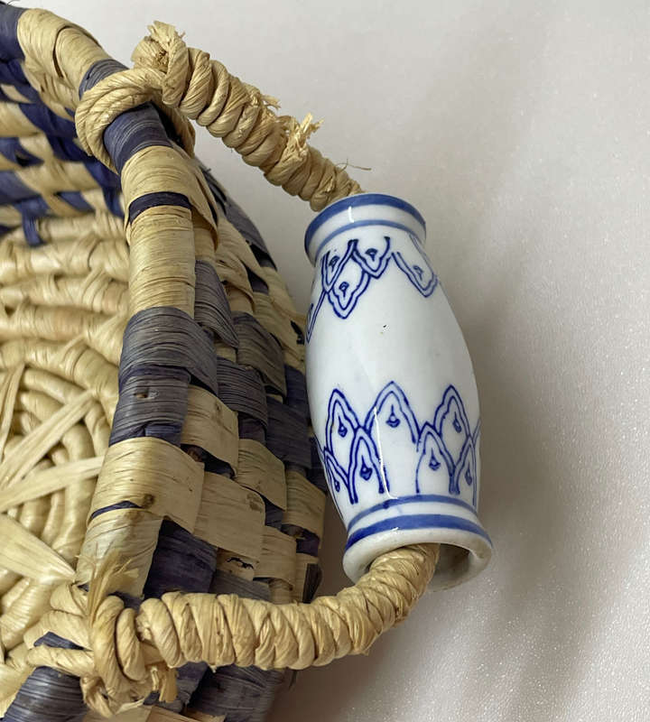 Heavy Scandinavian Blue Pottery Bowl & Vintage Handwoven Straw Basket with Ceramic Handles