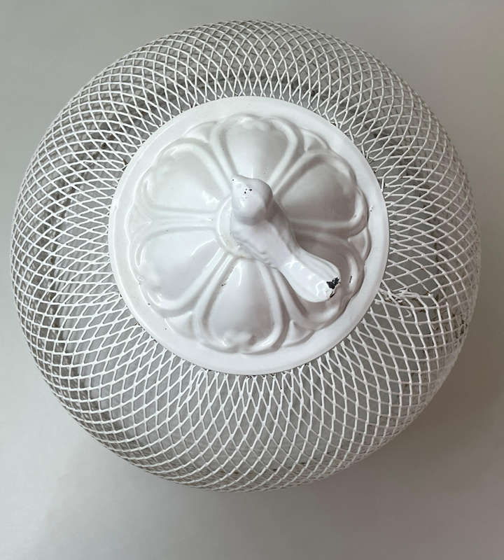 White Metal Cake Stand with Bird-Top Mesh Cover  25cm Wide
