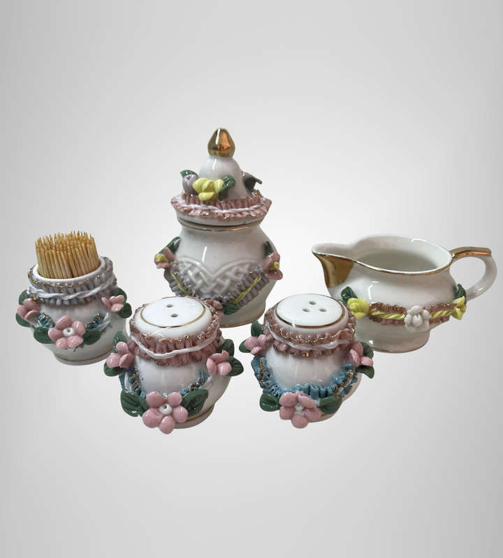 Vintage 1996 Rose Garden 3D Floral Porcelain Tabletop Set  6-Piece  Ribbons, Roses & Gold Trim