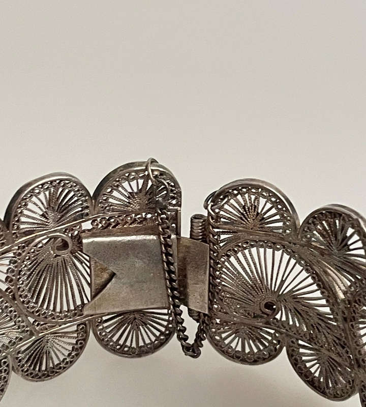 Antique Silver Filigree Bracelet  Handcrafted Ornate Design  30mm Wide  30.1g  Small to Medium