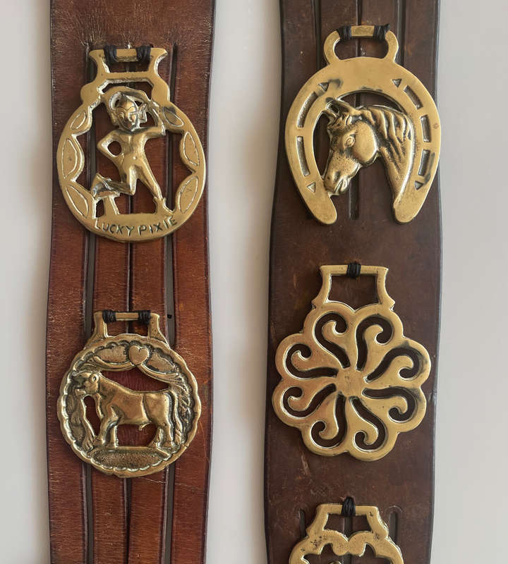 Vintage Genuine Leather South African Police Horse Straps with 10 Brass Medallions  70 cm