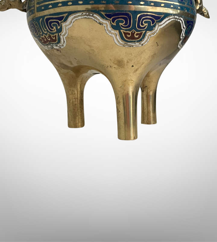 Antique Chinese Cloisonné Brass Tripod Censer with Foo Dog Finials  Qing Dynasty Reign Mark, Possib
