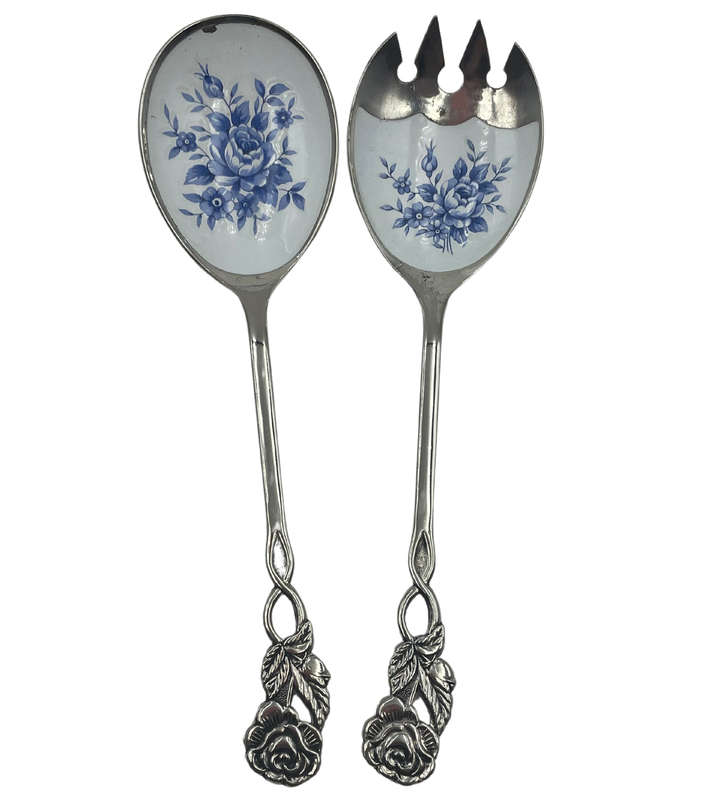 Vintage Salad Serving Spoon Set with Blue and White Cloisonné Enamel Rose Design