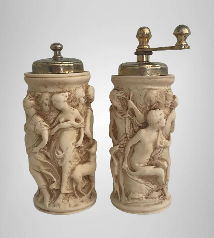 Vintage Italian Resin Salt Shaker & Acciaio Temperato Pepper Mill  Classical Relief Design  Made i
