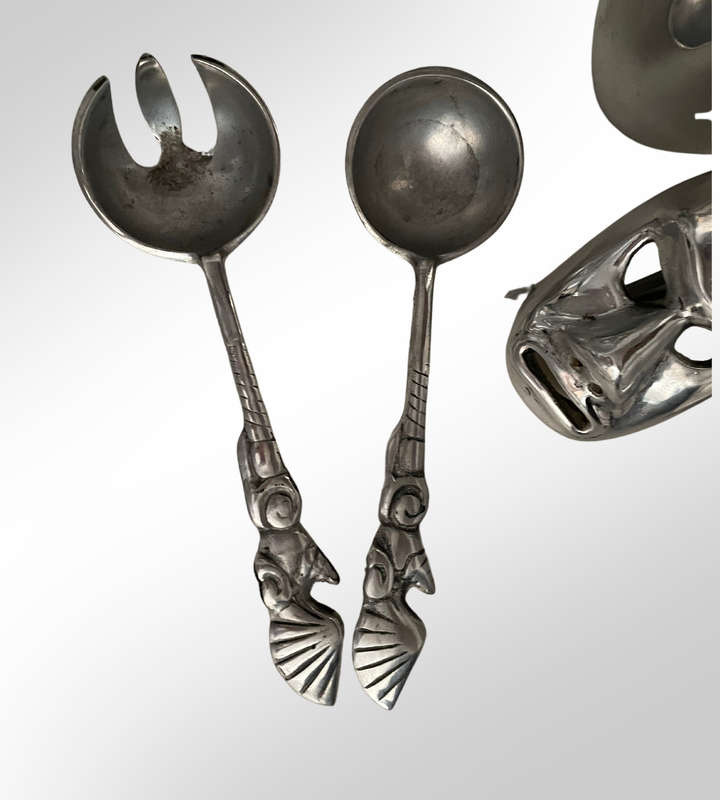 Lot of 5 Pewter Décor Items - Sea Shell Dish, Chilly Dish, Salad Servers, Mask, & Vase