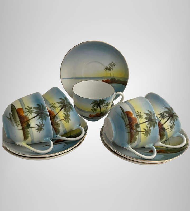 Set of 5 Vintage Chikaramachi Japan Eggshell Porcelain Tea Cups & Saucers  Hand-Painted 1920-1940's