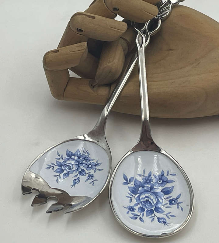 Vintage Salad Serving Spoon Set with Blue and White Cloisonné Enamel Rose Design