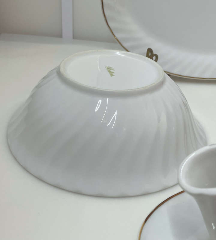 Rare 1960s Italian White & Gold Porcelain Serving Set by Bellini  Set of 5 + Crystal Fork