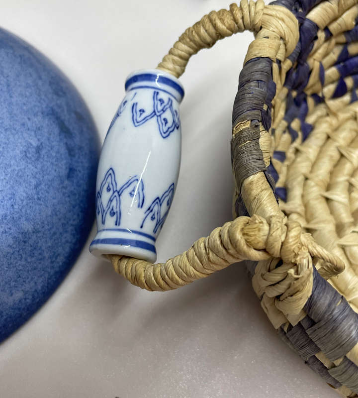 Heavy Scandinavian Blue Pottery Bowl & Vintage Handwoven Straw Basket with Ceramic Handles