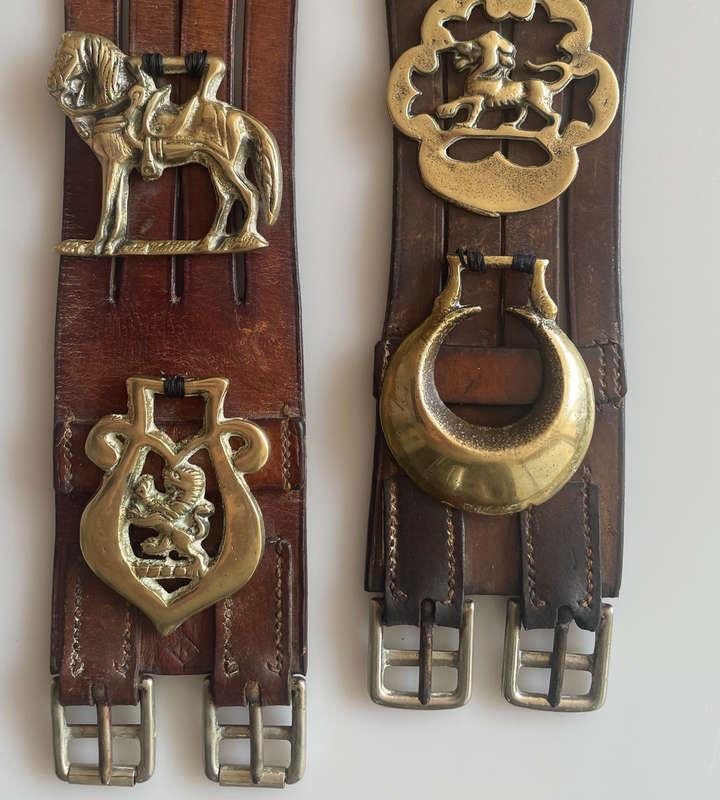Vintage Genuine Leather South African Police Horse Straps with 10 Brass Medallions  70 cm
