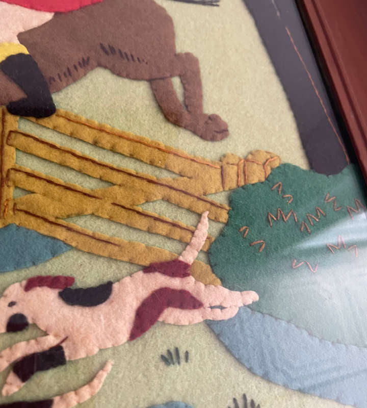 1930s Framed Felt Appliqué Artwork  "The Hunt"  Equestrian & Hound Scene  Wool Felt  54cm x 47cm