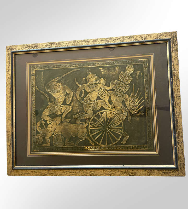 Reserve - Framed Thai Temple Rubbing Art  1980s Gold on Black Relief (78cm x 60cm)  Needs Cleaning