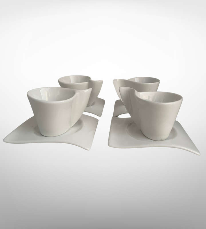 8-Piece Symphony Small Modern Espresso Cup & Wavy Saucer Set  Microwave & Dishwasher Safe