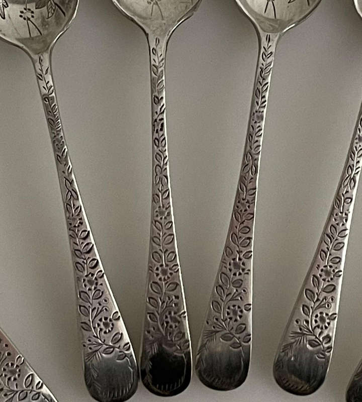 Set of 6 Antique Silver-Plated Teaspoons  John Round & Son  Pre-1874  Hand-Engraved Bird & Floral