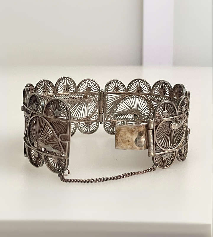 Antique Silver Filigree Bracelet  Handcrafted Ornate Design  30mm Wide  30.1g  Small to Medium