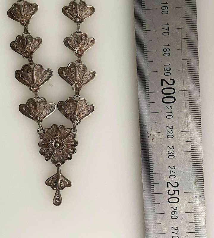 Vintage 800 Silver Filigree Necklace  48cm  26.9g  Ornate Floral & Fan Design  European