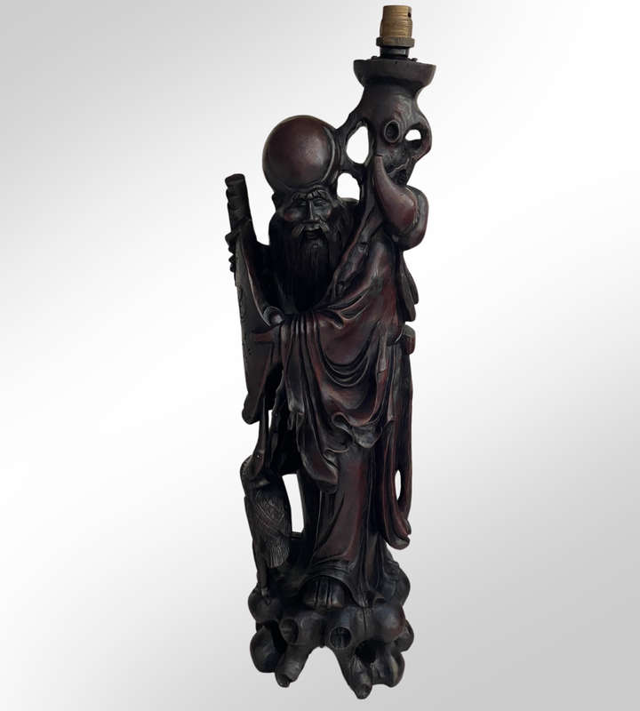 Antique Japan Meiji Period Ironwood Okimono Lamps (Set of 2)  Hand-Carved Shou Lao Statues, Large &