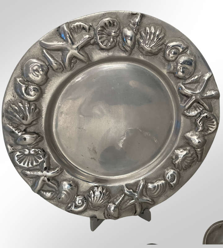 Lot of 5 Pewter Décor Items - Sea Shell Dish, Chilly Dish, Salad Servers, Mask, & Vase