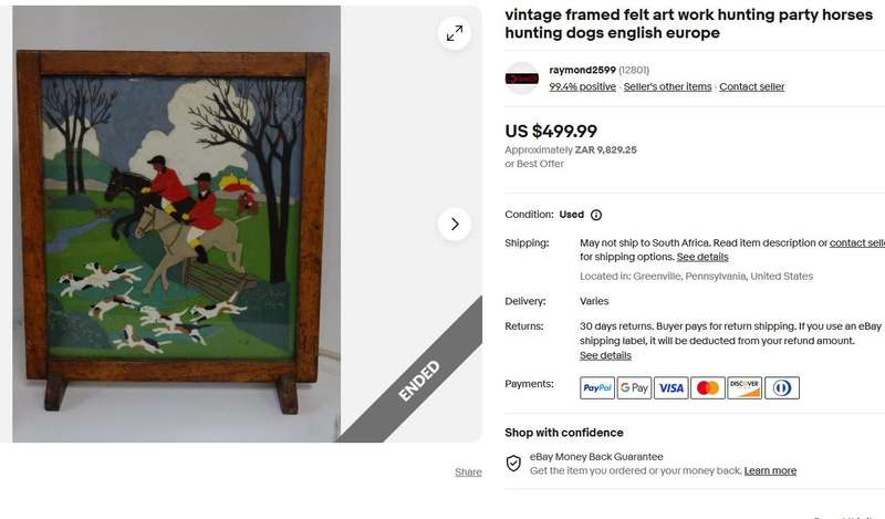 1930s Framed Felt Appliqué Artwork  "The Hunt"  Equestrian & Hound Scene  Wool Felt  54cm x 47cm