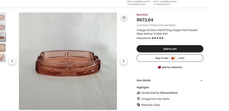 1930s Czech Art Deco Pink Intaglio Glass Ashtray  Hunting Dog Design