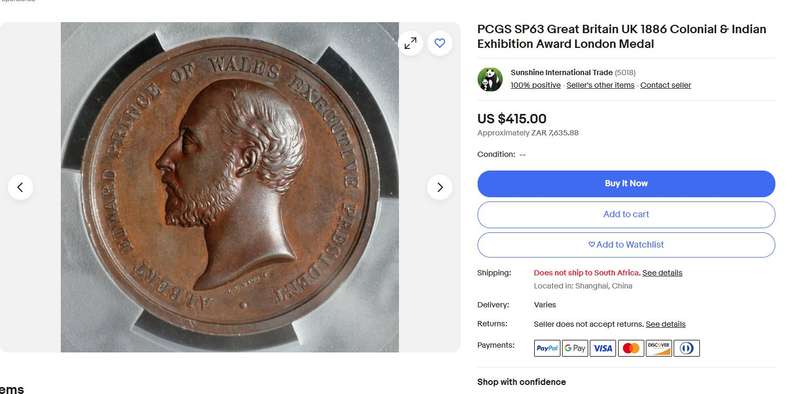 1886 Great Britain Colonial & Indian Exhibition Award Medal  Leonard Charles Wyon  Bronze