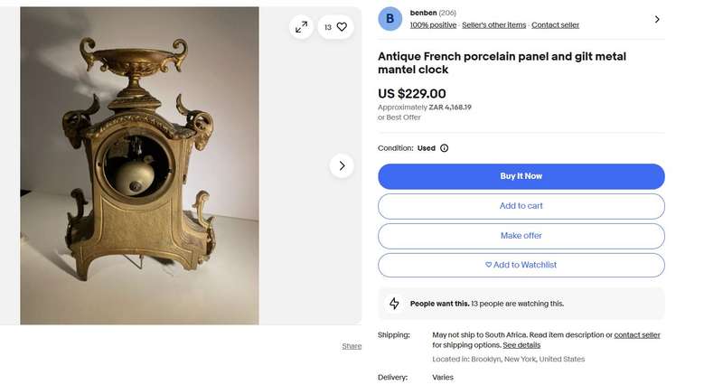 Heavy Antique French Gilt Mantel Clock with Porcelain Panels  Marked Henry Marc, Paris