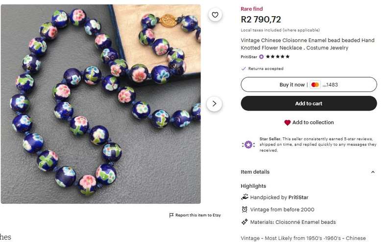 Vintage 1950s-1960s Chinese Cloisonné Jewelry Set  Blue Enamel Bead Necklace & Hinged Bangles