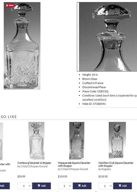 Vintage Cristal D`Arques-Durand Fontenay Square Decanter with Stopper - Discontinued 1995