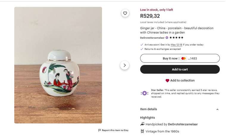 Vintage Chinese Ginger Jar  Jingdezhen Porcelain, Garden Scene with Ladies  1960s, 12cm