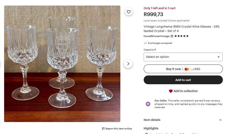 Reduced ! Vintage Set of 4 Crystal dArques Longchamp Durand Wine Glasses - 1980s Stemware Collection