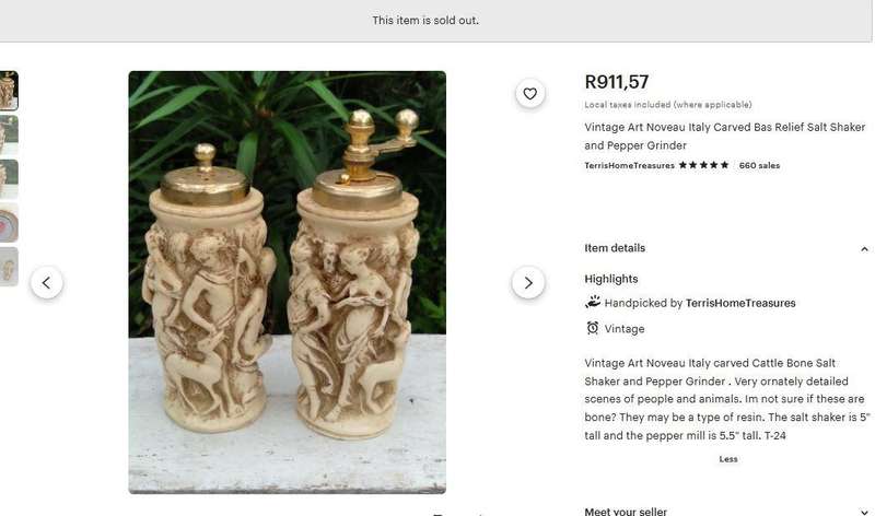 Vintage Italian Resin Salt Shaker & Acciaio Temperato Pepper Mill  Classical Relief Design  Made i