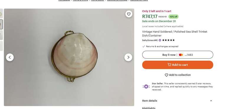 Vintage Handmade Clam Shell Trinket Holder with Brass Trim  Thimble or Jewelry Storage