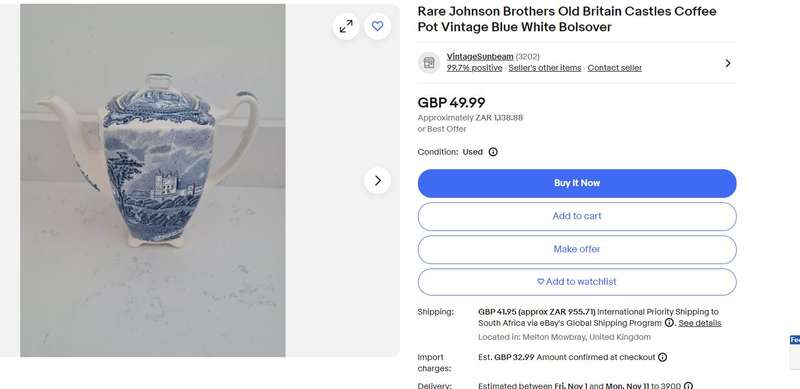 Rare Find Johnson Bros Old Britain Castles Teapot | Kidwelly & Bolsover Scenes | c.1930 | Blue & W