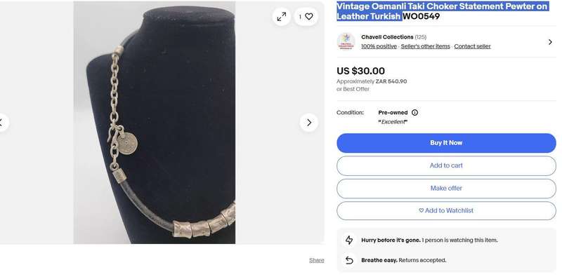 Vintage Osmanli Taki Pewter Choker  Turkish Statement Necklace, Ottoman Coin Fob, 41cm + 8cm Extens
