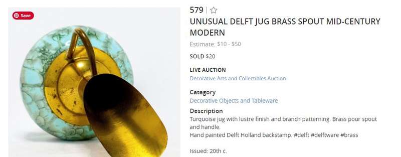 Unusual Pink Tiny Delft Jug with Brass Spout from the Mid-Century Modern 1950s.